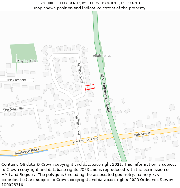 79, MILLFIELD ROAD, MORTON, BOURNE, PE10 0NU: Location map and indicative extent of plot
