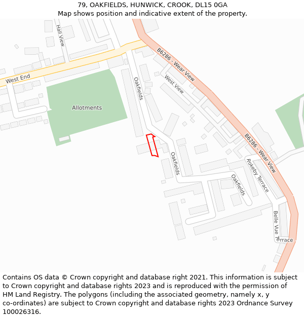 79, OAKFIELDS, HUNWICK, CROOK, DL15 0GA: Location map and indicative extent of plot