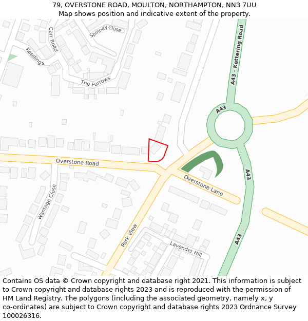 79, OVERSTONE ROAD, MOULTON, NORTHAMPTON, NN3 7UU: Location map and indicative extent of plot