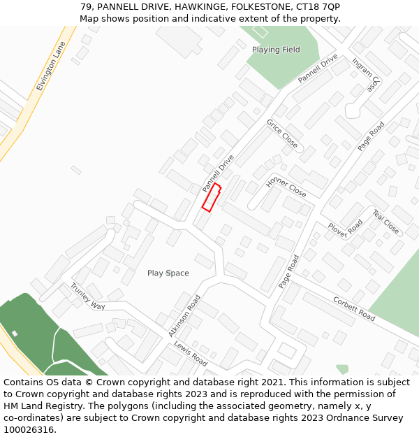 79, PANNELL DRIVE, HAWKINGE, FOLKESTONE, CT18 7QP: Location map and indicative extent of plot