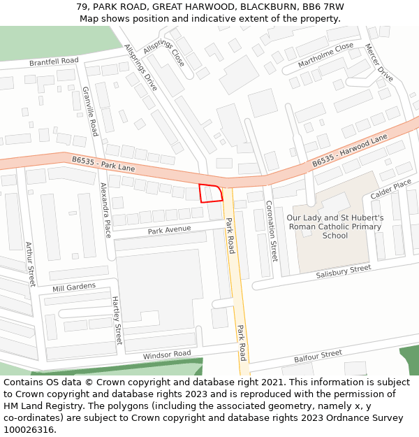 79, PARK ROAD, GREAT HARWOOD, BLACKBURN, BB6 7RW: Location map and indicative extent of plot