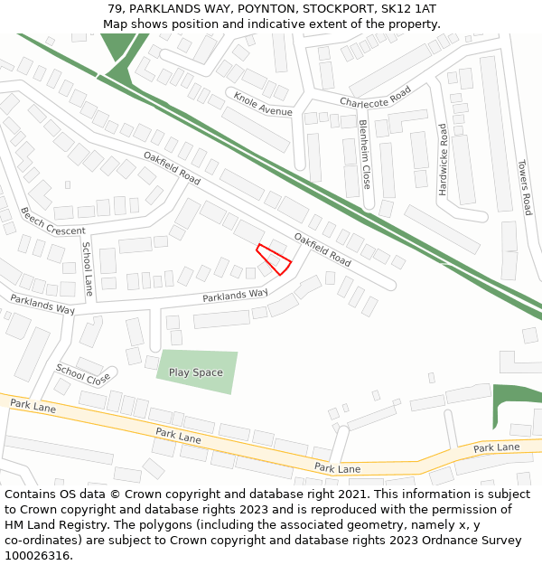 79, PARKLANDS WAY, POYNTON, STOCKPORT, SK12 1AT: Location map and indicative extent of plot