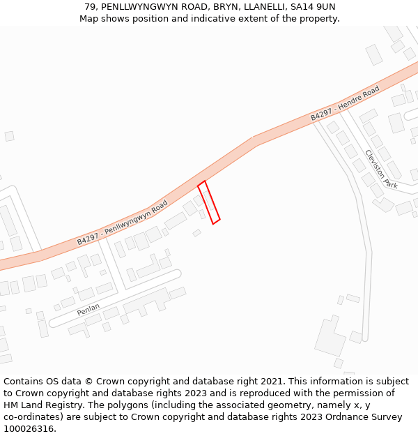 79, PENLLWYNGWYN ROAD, BRYN, LLANELLI, SA14 9UN: Location map and indicative extent of plot