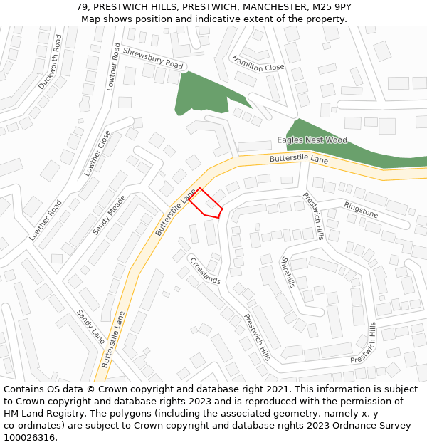 79, PRESTWICH HILLS, PRESTWICH, MANCHESTER, M25 9PY: Location map and indicative extent of plot