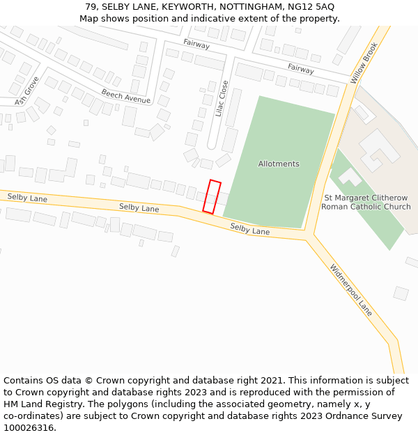 79, SELBY LANE, KEYWORTH, NOTTINGHAM, NG12 5AQ: Location map and indicative extent of plot