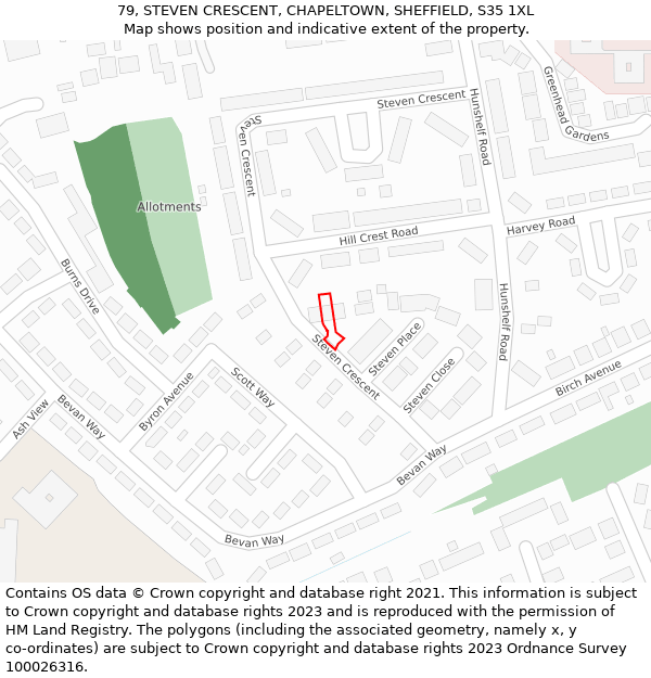 79, STEVEN CRESCENT, CHAPELTOWN, SHEFFIELD, S35 1XL: Location map and indicative extent of plot