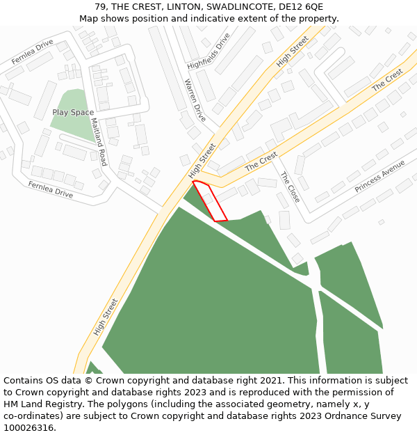 79, THE CREST, LINTON, SWADLINCOTE, DE12 6QE: Location map and indicative extent of plot