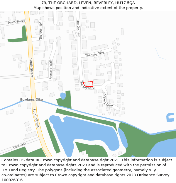 79, THE ORCHARD, LEVEN, BEVERLEY, HU17 5QA: Location map and indicative extent of plot