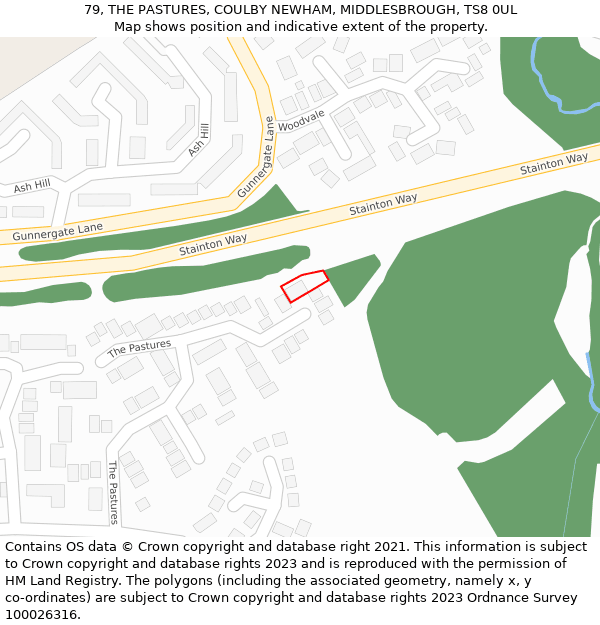 79, THE PASTURES, COULBY NEWHAM, MIDDLESBROUGH, TS8 0UL: Location map and indicative extent of plot