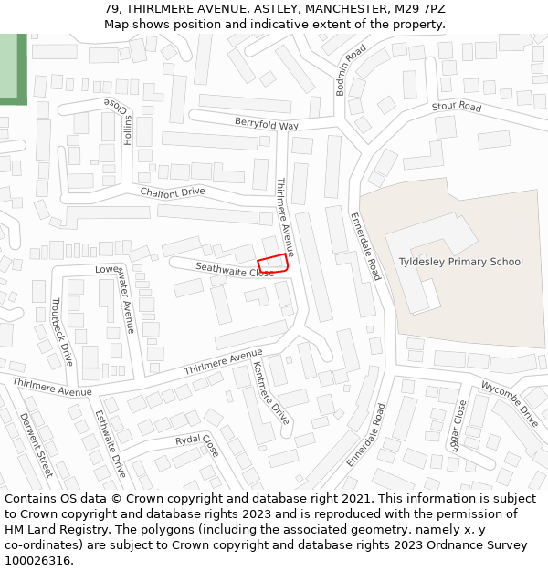 79, THIRLMERE AVENUE, ASTLEY, MANCHESTER, M29 7PZ: Location map and indicative extent of plot