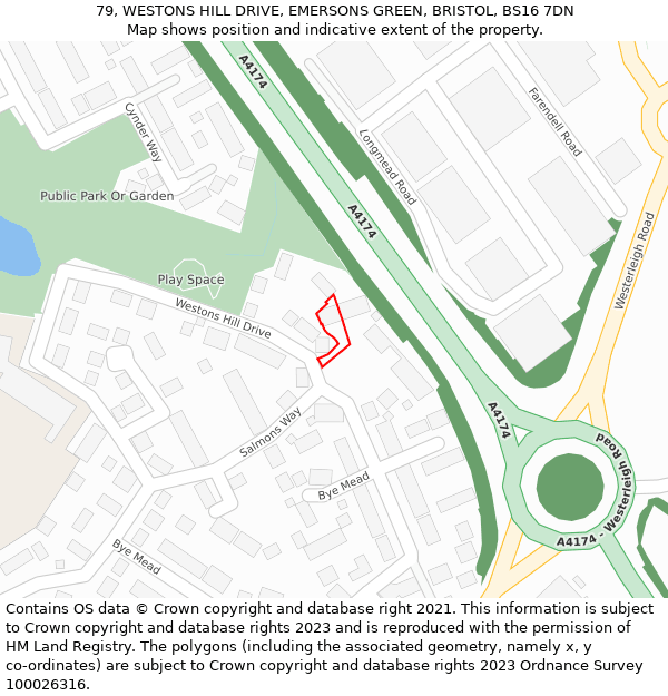 79, WESTONS HILL DRIVE, EMERSONS GREEN, BRISTOL, BS16 7DN: Location map and indicative extent of plot