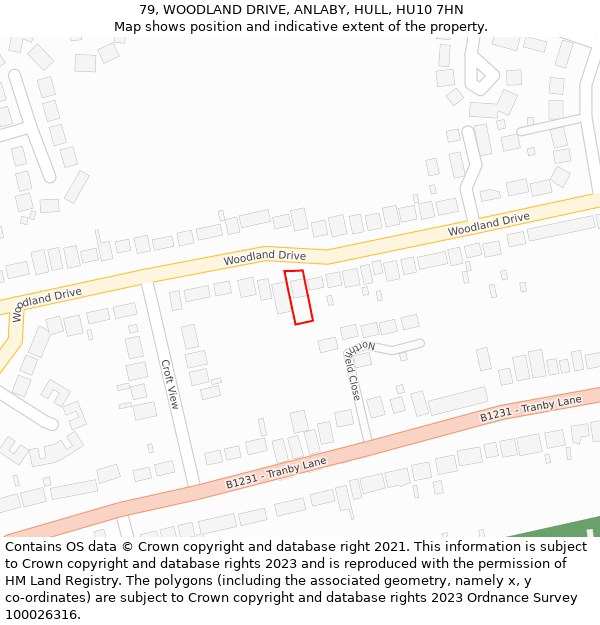 79, WOODLAND DRIVE, ANLABY, HULL, HU10 7HN: Location map and indicative extent of plot