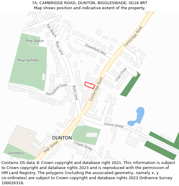 7A, CAMBRIDGE ROAD, DUNTON, BIGGLESWADE, SG18 8RT: Location map and indicative extent of plot