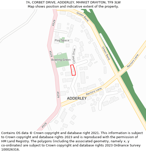 7A, CORBET DRIVE, ADDERLEY, MARKET DRAYTON, TF9 3LW: Location map and indicative extent of plot