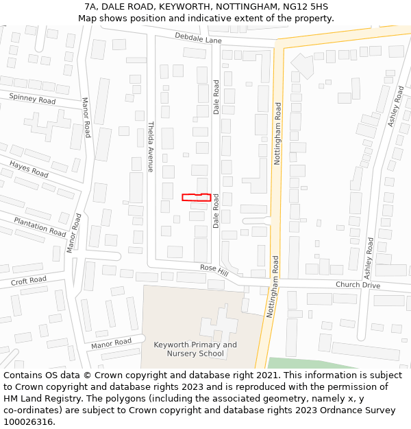 7A, DALE ROAD, KEYWORTH, NOTTINGHAM, NG12 5HS: Location map and indicative extent of plot