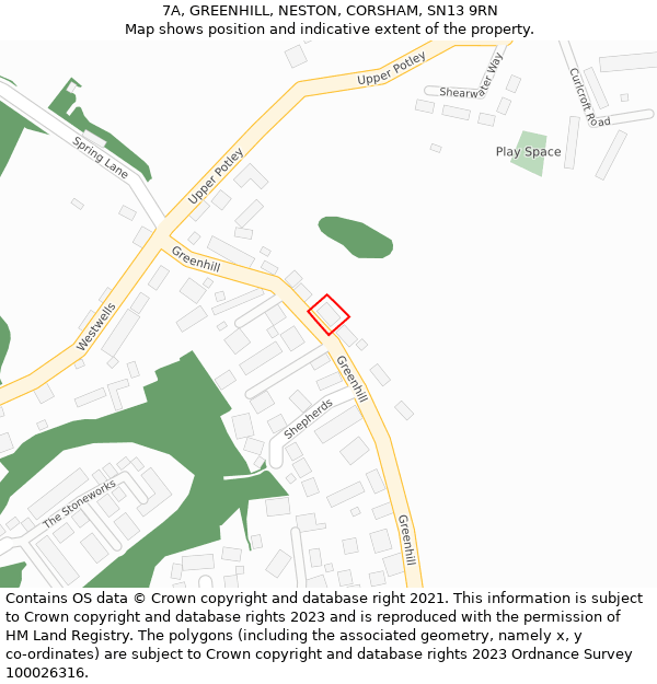 7A, GREENHILL, NESTON, CORSHAM, SN13 9RN: Location map and indicative extent of plot