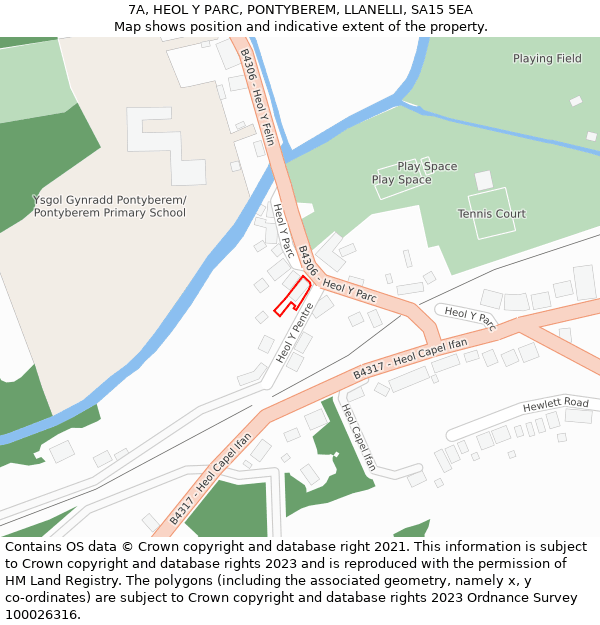 7A, HEOL Y PARC, PONTYBEREM, LLANELLI, SA15 5EA: Location map and indicative extent of plot