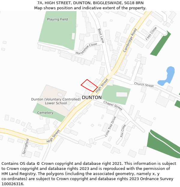 7A, HIGH STREET, DUNTON, BIGGLESWADE, SG18 8RN: Location map and indicative extent of plot