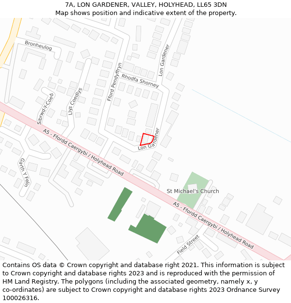 7A, LON GARDENER, VALLEY, HOLYHEAD, LL65 3DN: Location map and indicative extent of plot