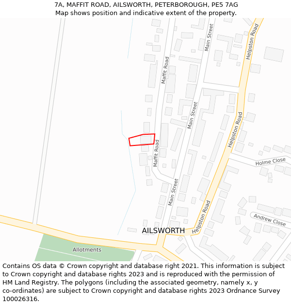 7A, MAFFIT ROAD, AILSWORTH, PETERBOROUGH, PE5 7AG: Location map and indicative extent of plot