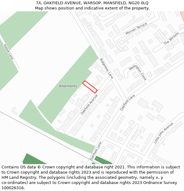 7A, OAKFIELD AVENUE, WARSOP, MANSFIELD, NG20 0LQ: Location map and indicative extent of plot