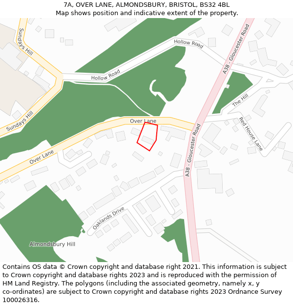 7A, OVER LANE, ALMONDSBURY, BRISTOL, BS32 4BL: Location map and indicative extent of plot