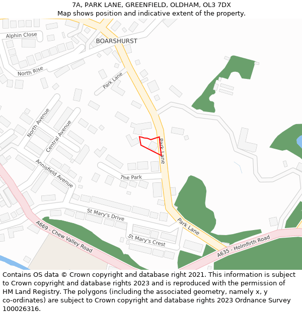 7A, PARK LANE, GREENFIELD, OLDHAM, OL3 7DX: Location map and indicative extent of plot