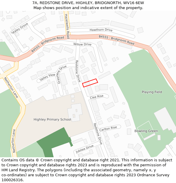 7A, REDSTONE DRIVE, HIGHLEY, BRIDGNORTH, WV16 6EW: Location map and indicative extent of plot