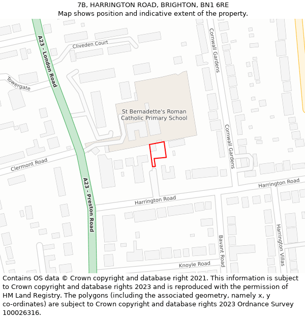 7B, HARRINGTON ROAD, BRIGHTON, BN1 6RE: Location map and indicative extent of plot