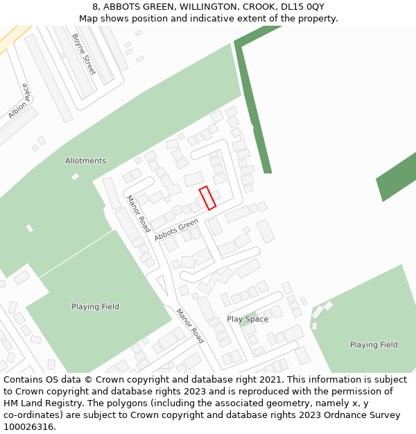 8, ABBOTS GREEN, WILLINGTON, CROOK, DL15 0QY: Location map and indicative extent of plot