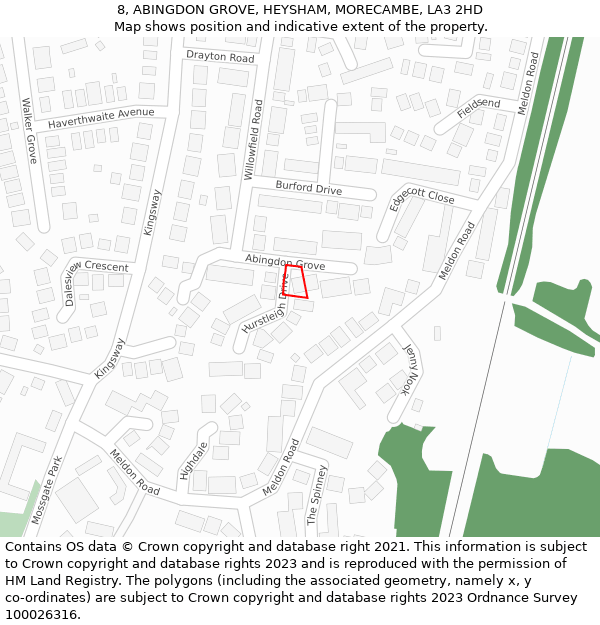8, ABINGDON GROVE, HEYSHAM, MORECAMBE, LA3 2HD: Location map and indicative extent of plot