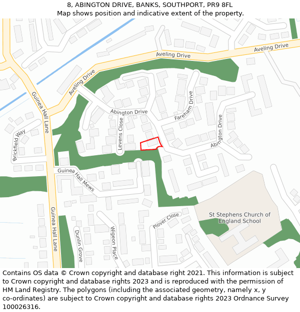 8, ABINGTON DRIVE, BANKS, SOUTHPORT, PR9 8FL: Location map and indicative extent of plot