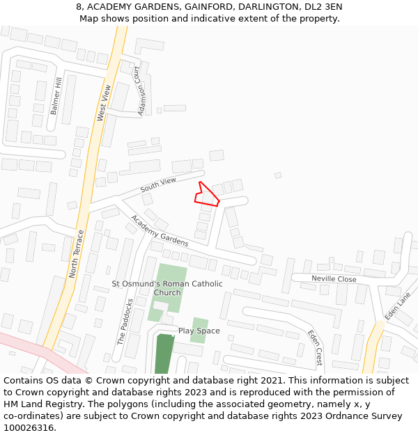 8, ACADEMY GARDENS, GAINFORD, DARLINGTON, DL2 3EN: Location map and indicative extent of plot