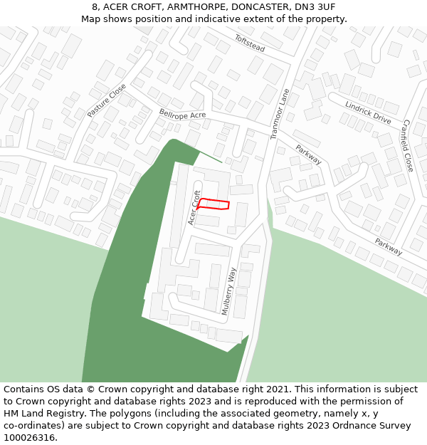 8, ACER CROFT, ARMTHORPE, DONCASTER, DN3 3UF: Location map and indicative extent of plot