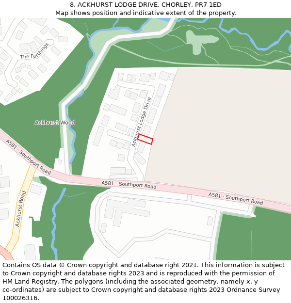 8, ACKHURST LODGE DRIVE, CHORLEY, PR7 1ED: Location map and indicative extent of plot