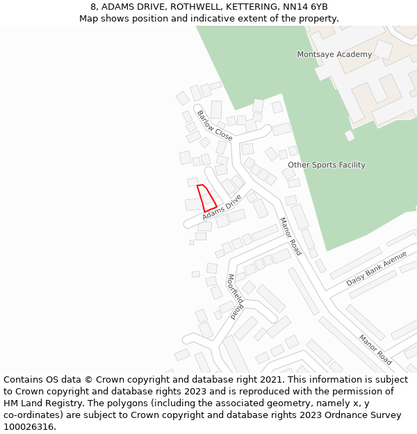 8, ADAMS DRIVE, ROTHWELL, KETTERING, NN14 6YB: Location map and indicative extent of plot