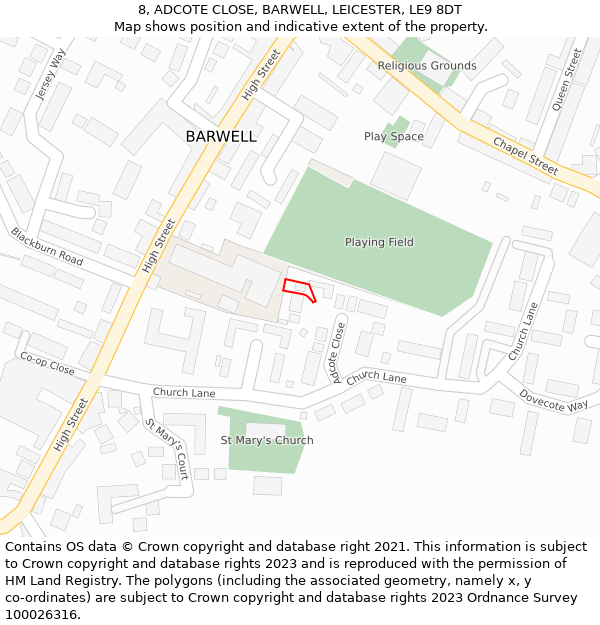 8, ADCOTE CLOSE, BARWELL, LEICESTER, LE9 8DT: Location map and indicative extent of plot