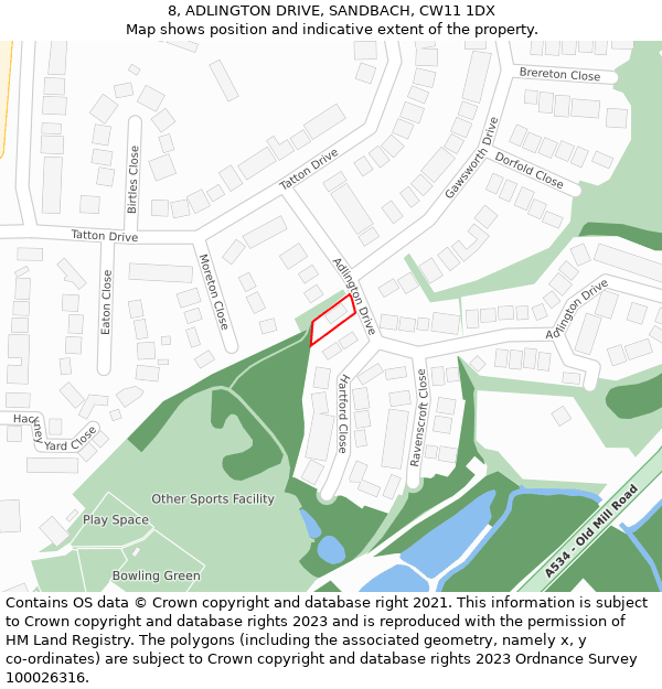 8, ADLINGTON DRIVE, SANDBACH, CW11 1DX: Location map and indicative extent of plot