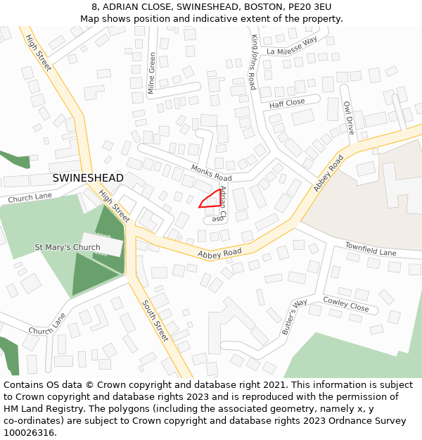 8, ADRIAN CLOSE, SWINESHEAD, BOSTON, PE20 3EU: Location map and indicative extent of plot