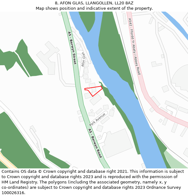 8, AFON GLAS, LLANGOLLEN, LL20 8AZ: Location map and indicative extent of plot