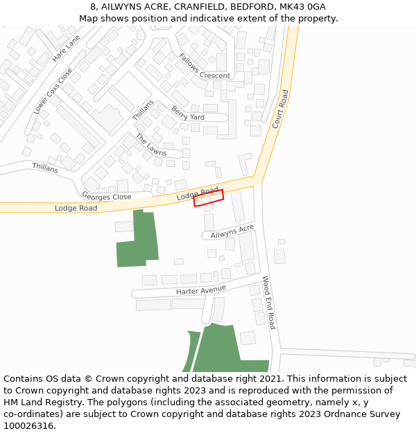 8, AILWYNS ACRE, CRANFIELD, BEDFORD, MK43 0GA: Location map and indicative extent of plot