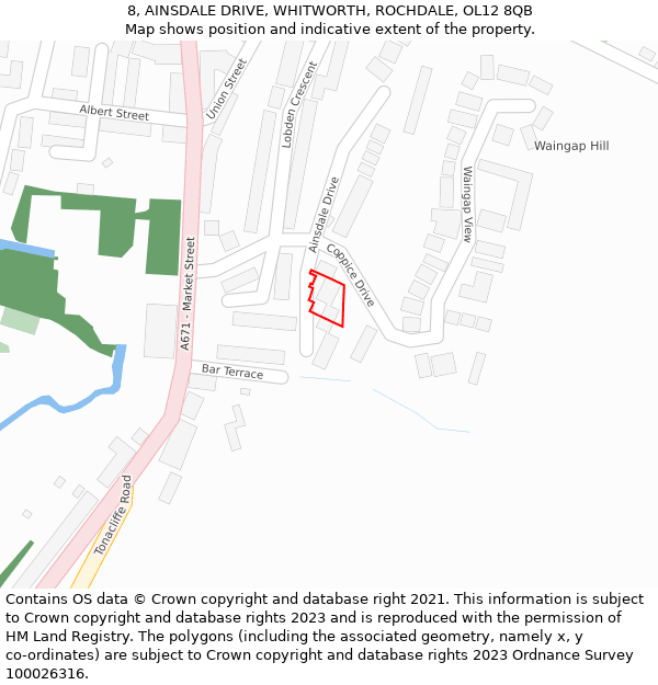 8, AINSDALE DRIVE, WHITWORTH, ROCHDALE, OL12 8QB: Location map and indicative extent of plot