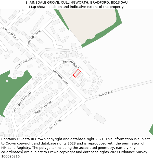 8, AINSDALE GROVE, CULLINGWORTH, BRADFORD, BD13 5AU: Location map and indicative extent of plot