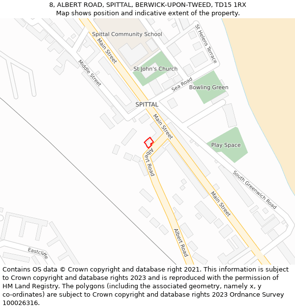 8, ALBERT ROAD, SPITTAL, BERWICK-UPON-TWEED, TD15 1RX: Location map and indicative extent of plot