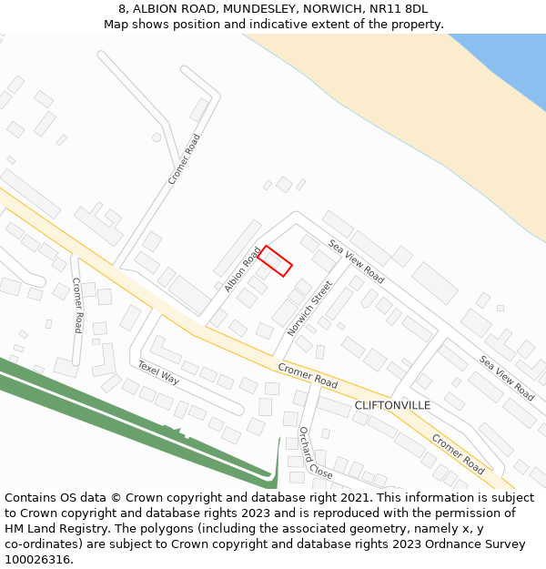 8, ALBION ROAD, MUNDESLEY, NORWICH, NR11 8DL: Location map and indicative extent of plot