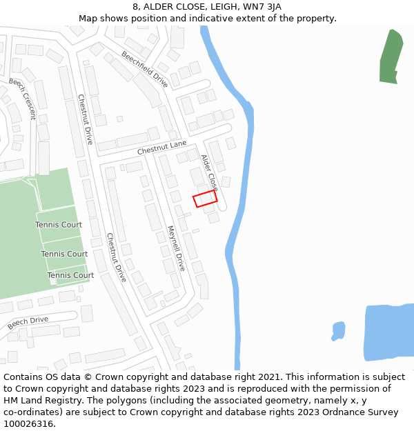 8, ALDER CLOSE, LEIGH, WN7 3JA: Location map and indicative extent of plot