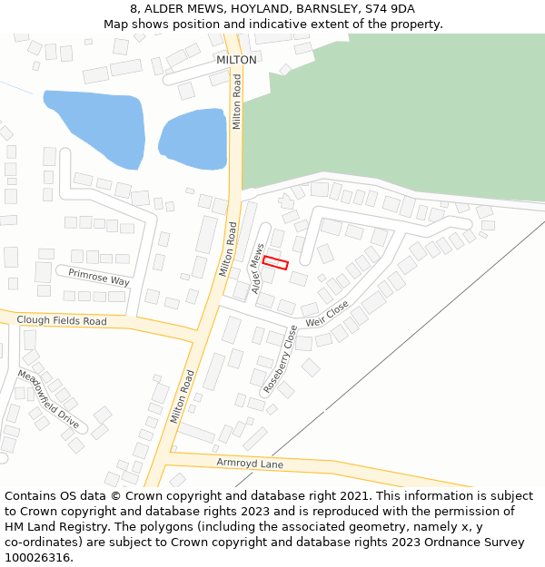 8, ALDER MEWS, HOYLAND, BARNSLEY, S74 9DA: Location map and indicative extent of plot