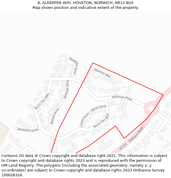 8, ALDERFEN WAY, HOVETON, NORWICH, NR12 8GA: Location map and indicative extent of plot