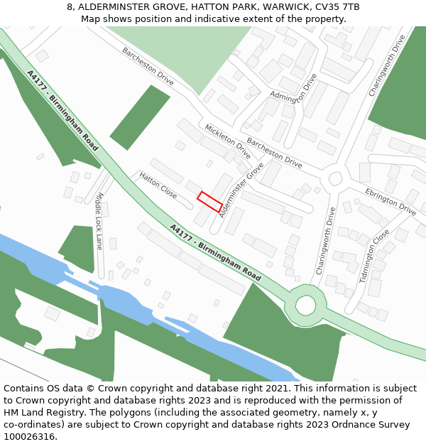 8, ALDERMINSTER GROVE, HATTON PARK, WARWICK, CV35 7TB: Location map and indicative extent of plot