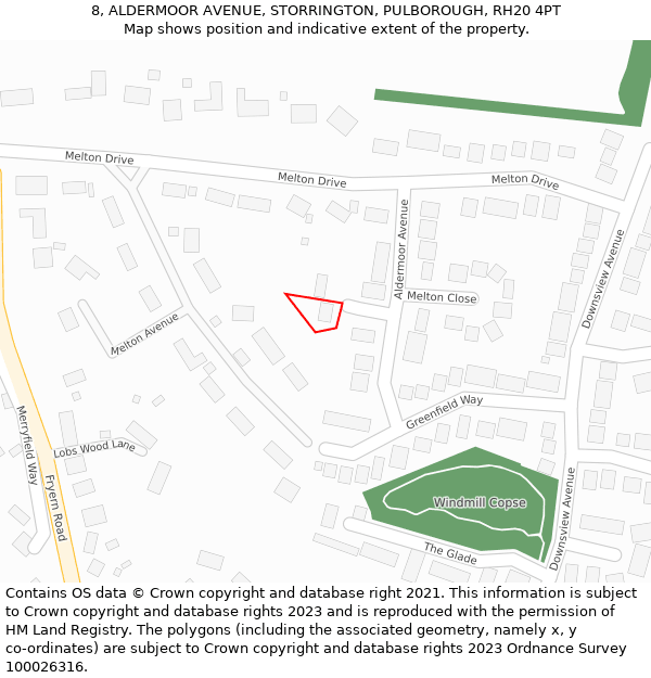 8, ALDERMOOR AVENUE, STORRINGTON, PULBOROUGH, RH20 4PT: Location map and indicative extent of plot